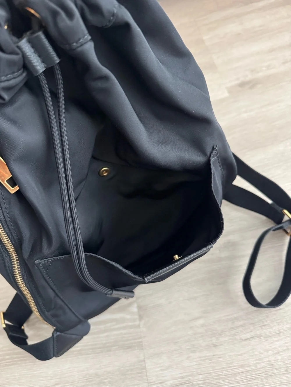 Like New Marc Jacobs Black Nylon Drawstring Backpack with Gold Hardware